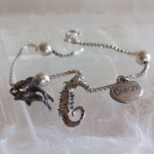 STERLING SILVER CHAIN BRACELET WITH 3 CHARMS SEAHORSE DOLPHINES DREAM 925